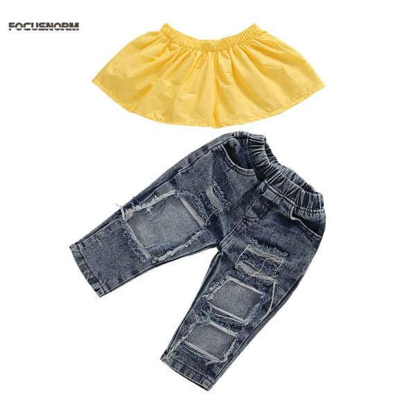 

clothing sets 2021 summer fashion kids baby girls clothes sleeveless off shoulder yellow solid +long denim pants, White