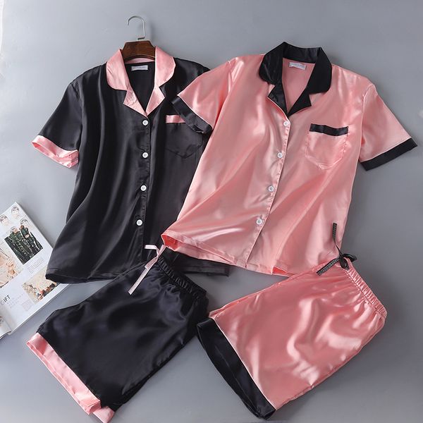 

new satin pajamas turn-down collar short sleeve shorts silk pijama mujer solid emulation silk pyjamas women pink home suit, Blue;gray