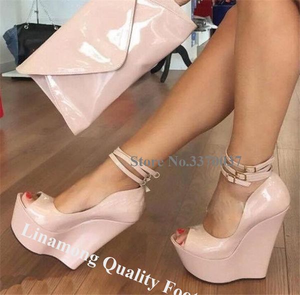 

linamong women peep toe patent leather high platform wedges pumps nude black super high wedge heels formal dress shoes