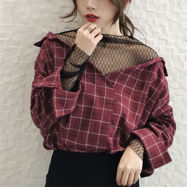 

blouse women fashion preppy style mesh patchwork ladies blusas 2019 fake two shirts casual loose blusa women 64812, White