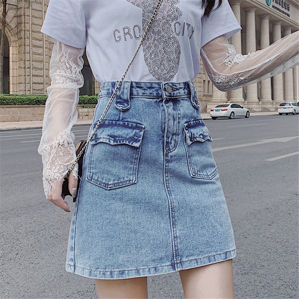 

лето корея высокая талия-линии юбка женская карманы джинсы женские юбки мода тонкий был тонкий mini denim юбка, Black
