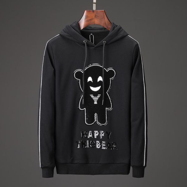 

2019 autumn happy bear embroidery mens hooded pullover sweatshirts full sleeve slim casual streetwear black belt hoodie male 3xl