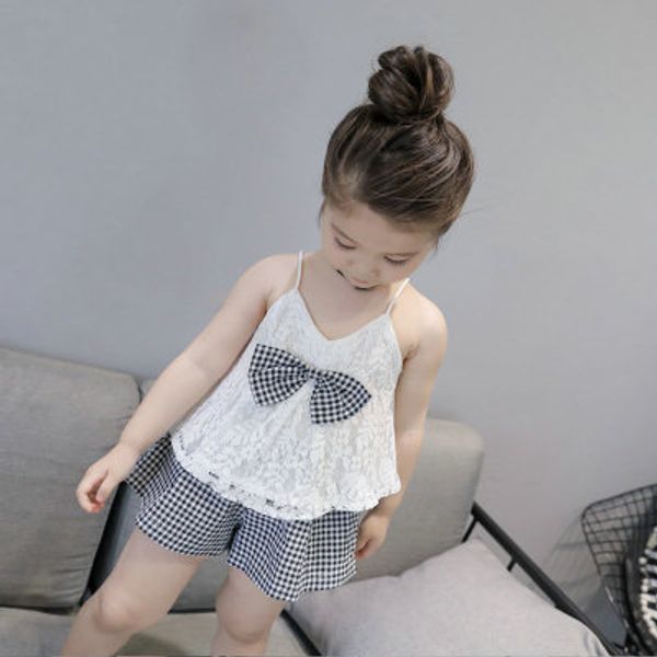 

children fashion clothing sets girls kids summer +pants piece child fashion plaid print set bow girls casual cute two pieces set 2020a, White