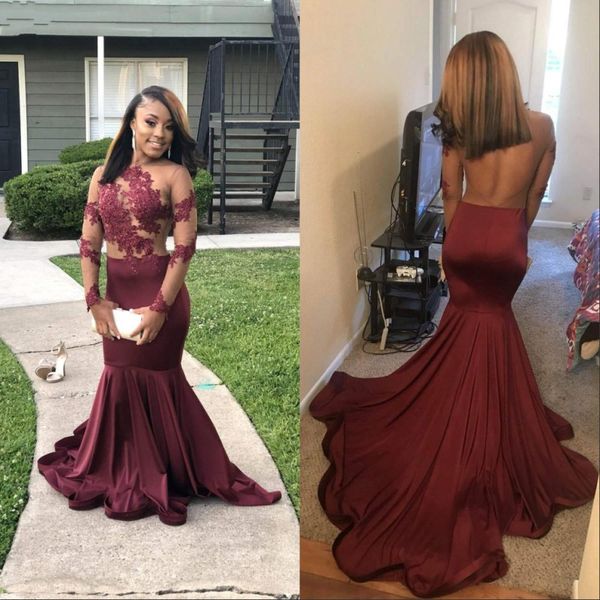 

бургундские кружевные аппликации русалка выпускного вечера платья 2019 с прозрачным вырезом с длинными рукавами сексуальные спинки африканск, Black