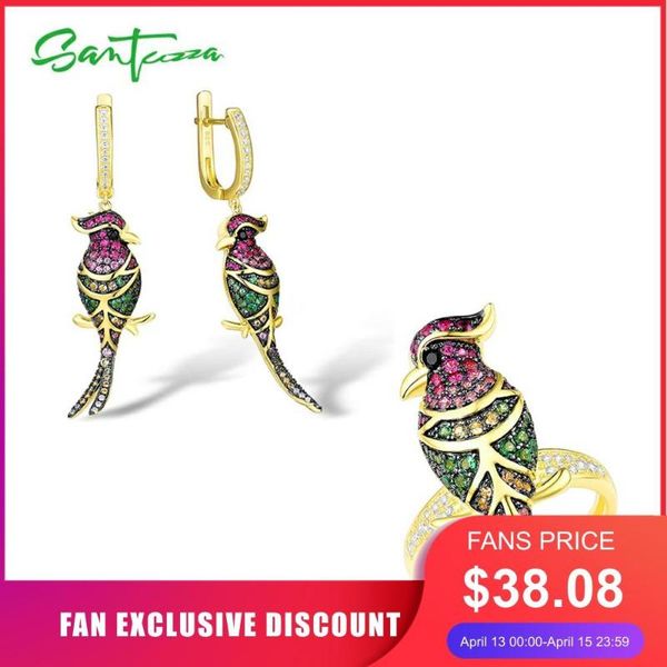 

santuzza genuine 925 silver jewelry set for women sparkling colorful stones delicate birds earrings ring set party fine jewelry, Black