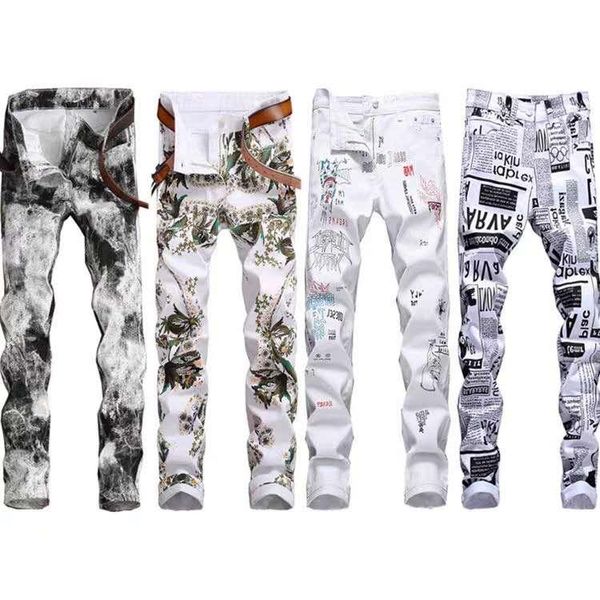 

mens selling fashion trend barber jeans for men digital printing white elastic european and american jeans for men 29-38, Blue