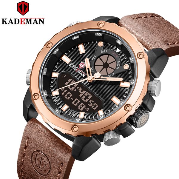 

dual movement men watch kademan analog quartz sports watch waterproof leather male wristwatch relogio masculino, Slivery;brown