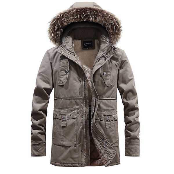 

2019 new winter men's fashion cotton long section jacket plus velvet casual jacket male warm hooded windproof overcoat coat, Tan;black