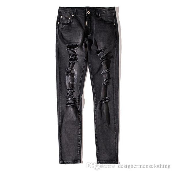 

kanye ripped hole mens jeans fog ripped mid width pencil pants black washed jeans, Blue