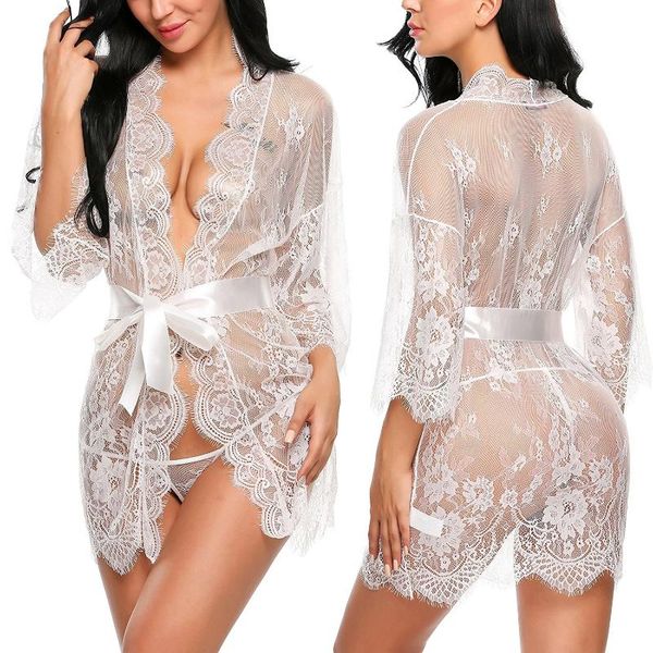 Großhandels-Sexy Frauen-Wäsche-Spitze-Nachtkleid-Nachtwäsche-Nachthemd-Verband mit tiefem V-G-String, durchsichtig, sexy, transparentes Schlafkleid 2019, seidig