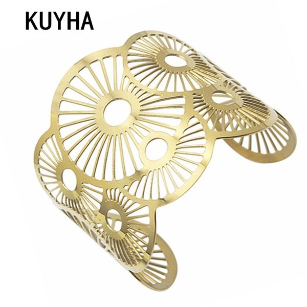 

bangles for women stainless steel bracelets fashion punk hollow flower wide gold silver color cuff jewelry, Black