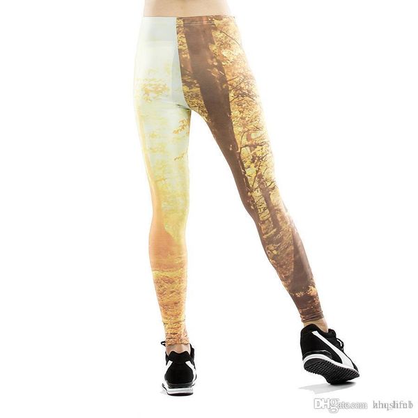 

women yoga trousers pants tights female waist dance active lady golden sunlight trees yellow print leggings skinny silm motion size  l xl, Black;white