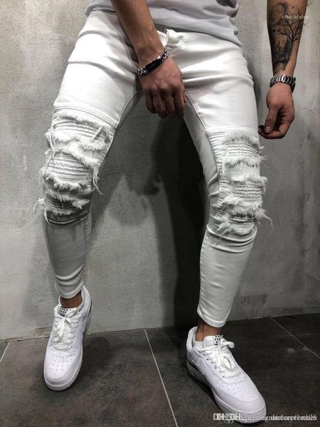

slim fit джинсы мода мужской подросток драпированные хип-хоп скейтборд джинсы мужчины белый рваный, Blue