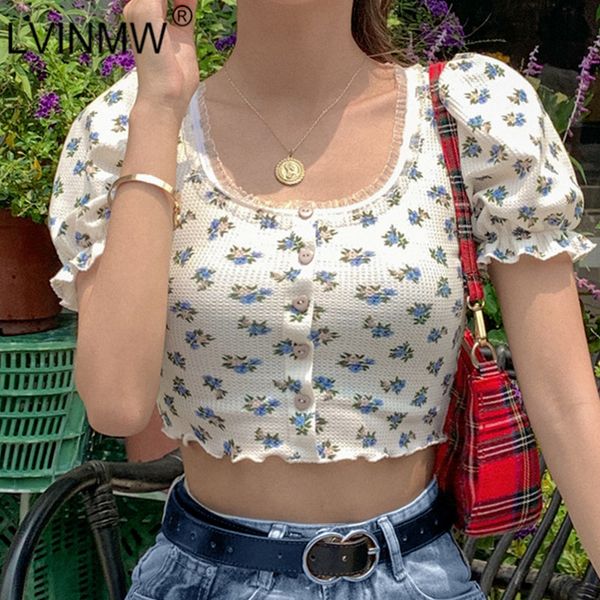 

women's t-shirt lvinmw casual round neck short sleeve flower print single breasted with lace crop 2021 summer women t shirt street, White