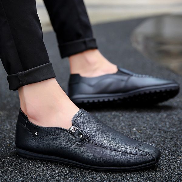 

upuper 2019 leather men loafers designer slip on driving shoes men moccasins casual shoes zipper decoration lazy black