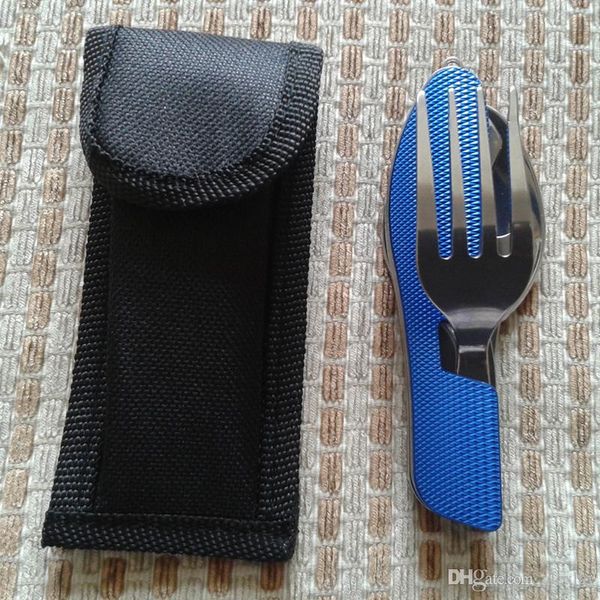 

brand new 4 in 1 outdoor camping tableware folding multifunction spoon fork knife portable cutlery set with black pounch