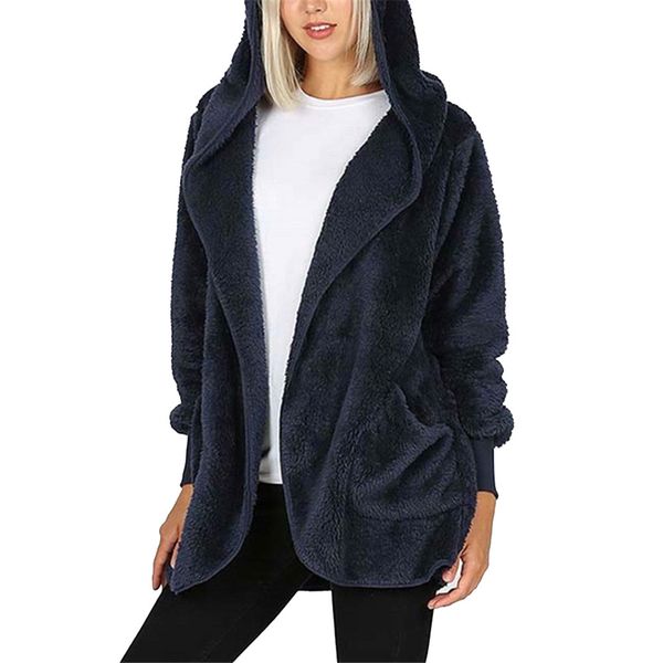 

winter coats women hooded jackets solid color woolen jackets long-sleeved casual coat dod886, Black