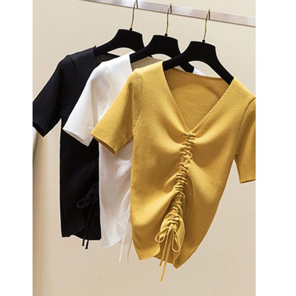 

summer knitted tank women v neck short sleeve shirt summer ladies slim strap short roupas femininas a274, White;black