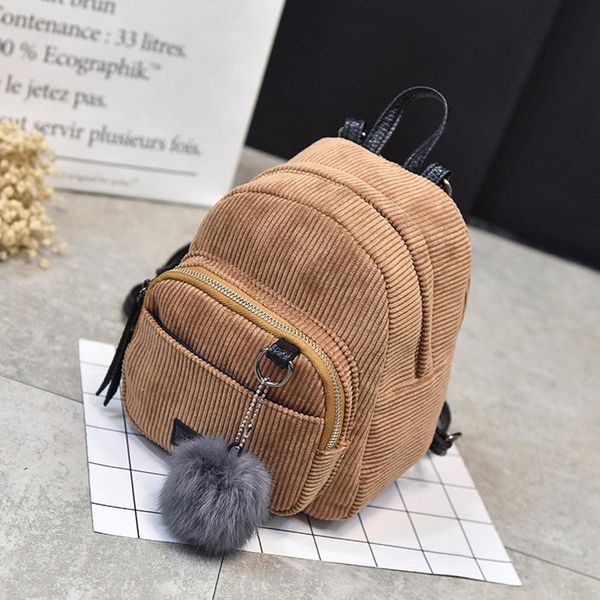 

vintage corduroy ribbed women backpack pompom pendant casual travel school bag