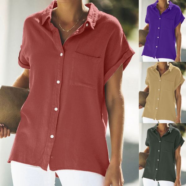 

women's casual solid color square-neck korean version slim pocket short-sleeved ropa mujer#30, White