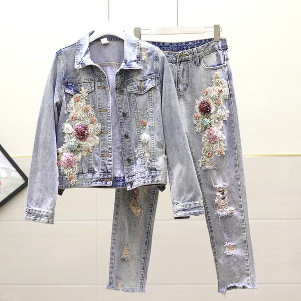 

spring fall denim jacket women new beaded embroidery flower denim jackets & coats hole jeans women's outfits nancylim, Black;brown