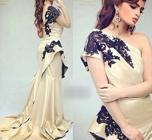 

arabic long prom dress for formal event one shoulder satin champagne black appliques zipper back evening gowns pakistan dress, Black;red