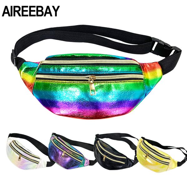 

waist bags aireebay 3-zipper pocket women fanny pack colorful holographic for ladies leather travel phone pouch chest