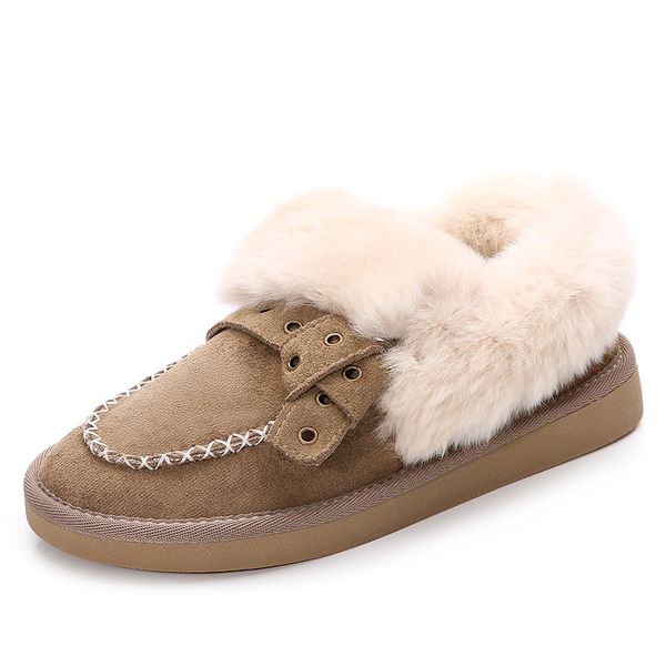 

women plush shoes winter warm ankle flat boots genuine leather fur snow boots casual slip on lady flats plush shoes moccasins, Black