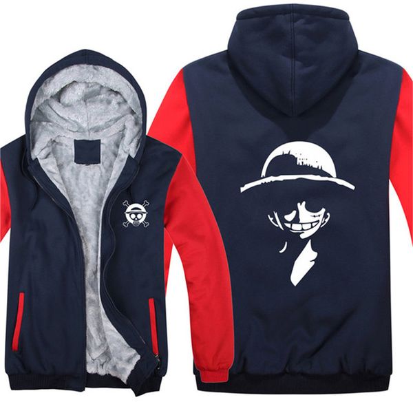 

winter men zipper hoodies anime monkey d luffy jacket men pullover wool warm liner fleece one piece sweatshirts thicken coat 76, Black