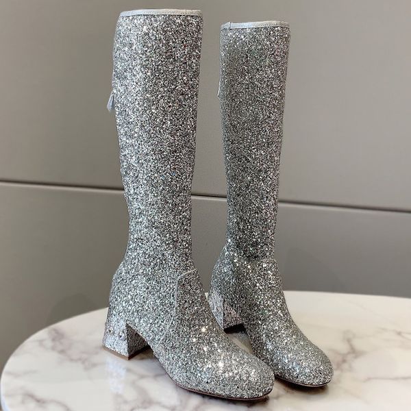 

luxury square heels long boots brand design new style round toe women leather shoes bling zip mid-calf female boots with crystal, Black