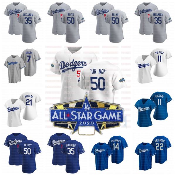 

50 mookie betts 2020 la all star game cody bellinger kershaw justin turner price hernandez pollock muncy pederson buehler jersey, Blue;black