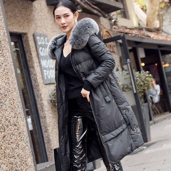 

winter sheepskin leather jacket women real fur collar hooded duck down coat leather jacket women chaqueta mujer f8528 yy489, Black