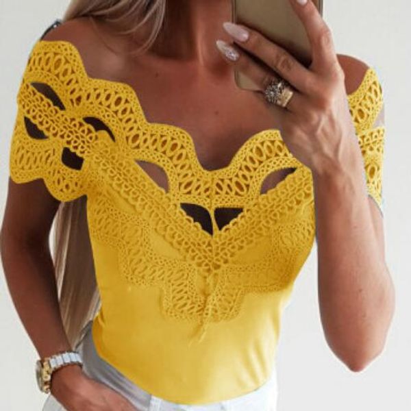 

2019 summer women vintage casual hollow out hole t shirts slim blousa blouse lace off shoulder tees cotton vest tank, White