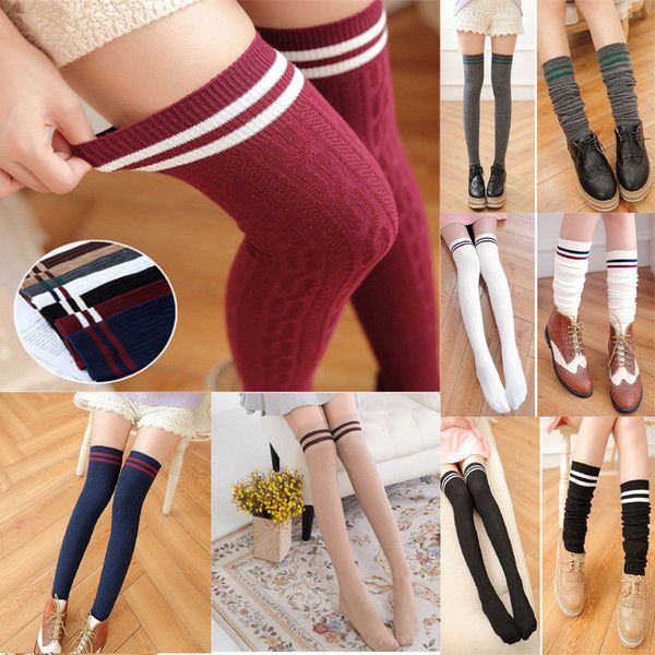 

women knit cotton over the knee long socks striped thigh high stocking socks new stripe flowers thigh high stockings