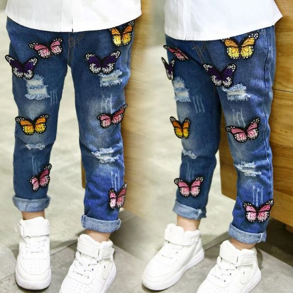 

children's clothing girls spring and autumn jeans butterfly hole baby denim trousers children jeans new style fashion, Blue