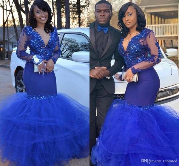 

elegant black girls royal blue prom dresses sheer long sleeve lace appliques beads mermaid v neck ruched tulle skirt long evening gowns