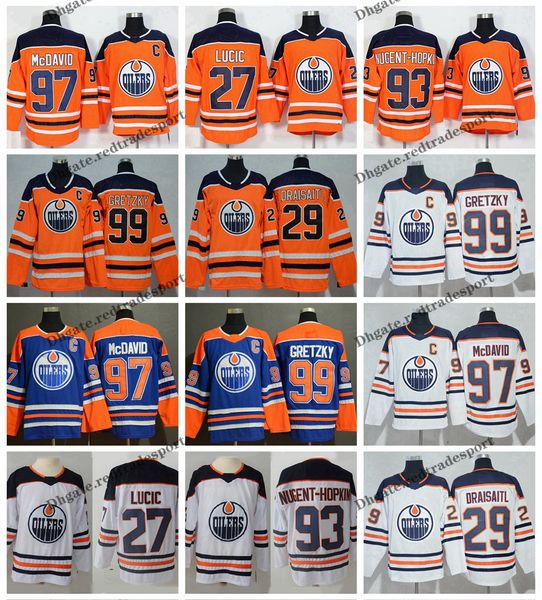

2019 edmonton oilers 97 connor mcdavid 99 wayne gretzky 29 leon draisaitl 27 milan lucic 93 ryan nugent-hopkins blue hockey jerseys, Black;red