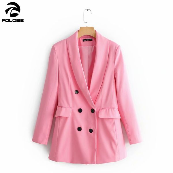 

folobe women stylish pink blazer double breasted pockets long sleeve casual solid coat female office wear outerwear, White;black