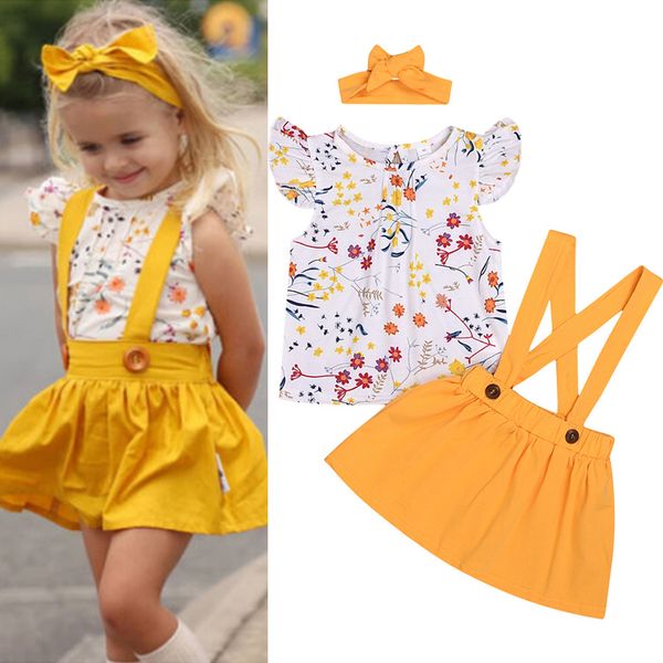 

summer baby girl kids clothes set short sleeve printed yellow strap skirt+bows headband 3 pcs sets kids designer clothes girls jy362, White