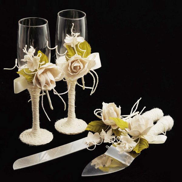 

pack of 4 rustic wedding party event favors & gift hemp rope and rose flower decoration cake knife and server and champagne glasses set