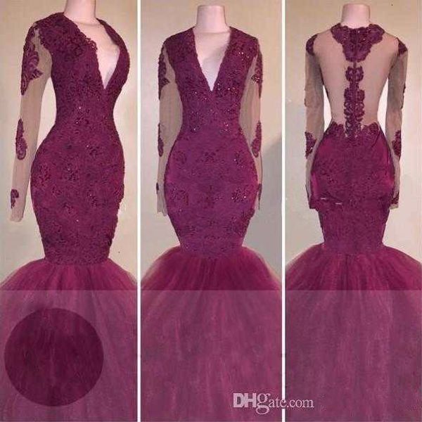 

rark red lace prom dresses long sleeves mermaid 2k 17 african formal evening gowns illusion black girls pageant dress, Black;red