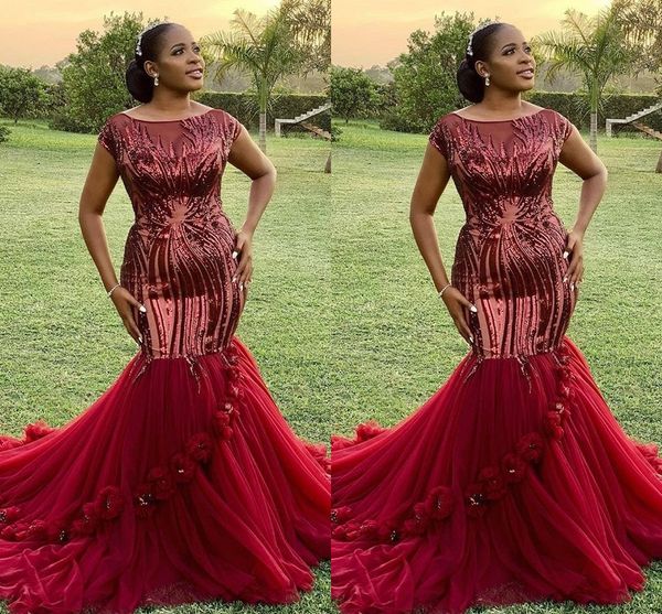

2019 Dark Red Mermaid Prom Dresses Sleeveless Sequined African Black Girls Prom Dress Sparkling Plus Size Evening Gowns Evening Formal Wear