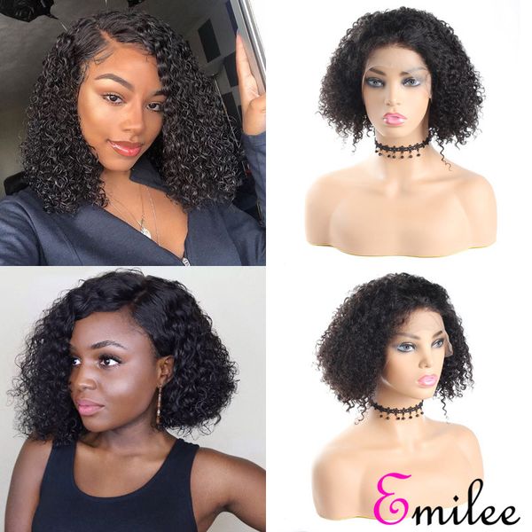 

emilee mongolian jerry curly wigs half lace short curly remy hair bob wigs with baby hair middle ratio preplucked, Black;brown