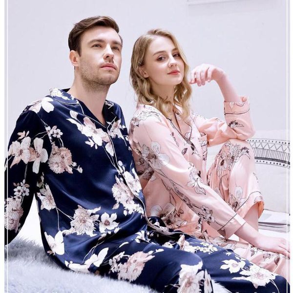 

sweet couple floral sleepwear casual satin shirt&pant 2pcs nightwear home wear long sleeve rayon printed pajamas suit sleep set, Blue;gray
