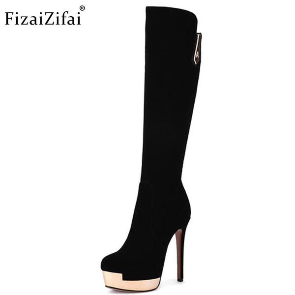 

coolcept women high heel boots platform over knee boots metal warm shoes for winter long botas women footwear size 34-39, Black