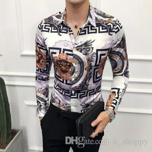 

2019 new men's shirt long sleeve shirt fashion men's fashion british gentleman korean slim print totem big flower top, White;black