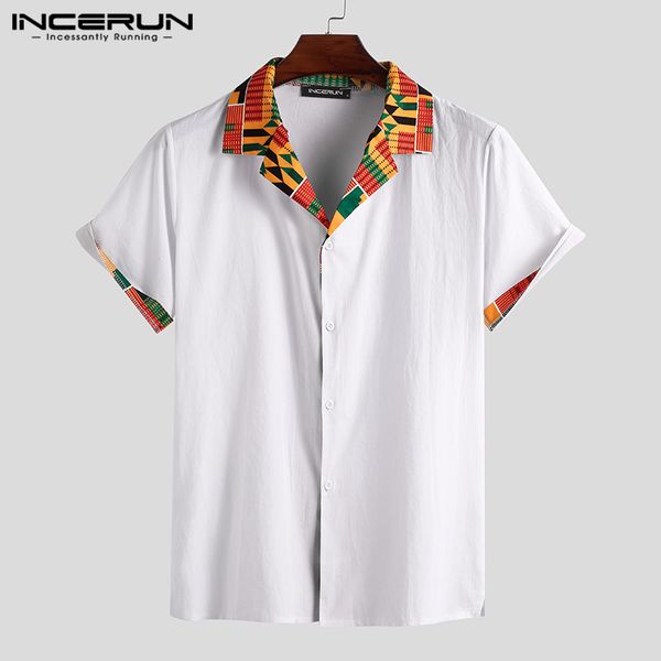 

incerun man ethnic patchwork shirt casual loose breathable blusas fashion chemise men summer short sleeve printed lapel shirts, White;black