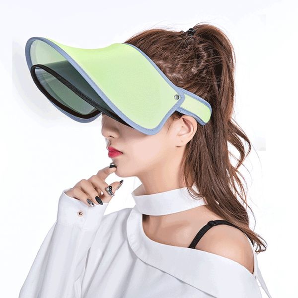 

women summer silk open double visor sun hat clip-on adjustable wide brim anti-uv cycling outdoor beach baseball cap 6 co, Blue;gray