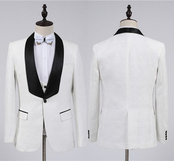 Moda branco noivo smoking padrinhos um botão xale colarinho melhor homem terno de casamento ternos blazer masculino (jaqueta + calças + colete + gravata borboleta)