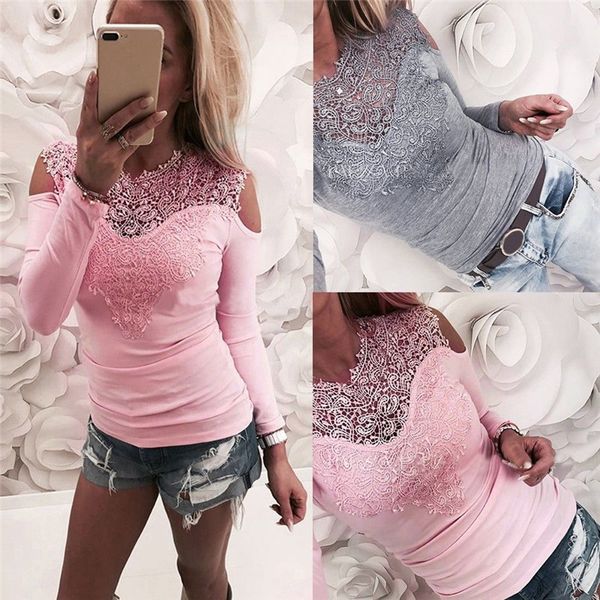 

floral lace print long sleeve ladies tshirts panelled solid color womens spring womens clothing, White